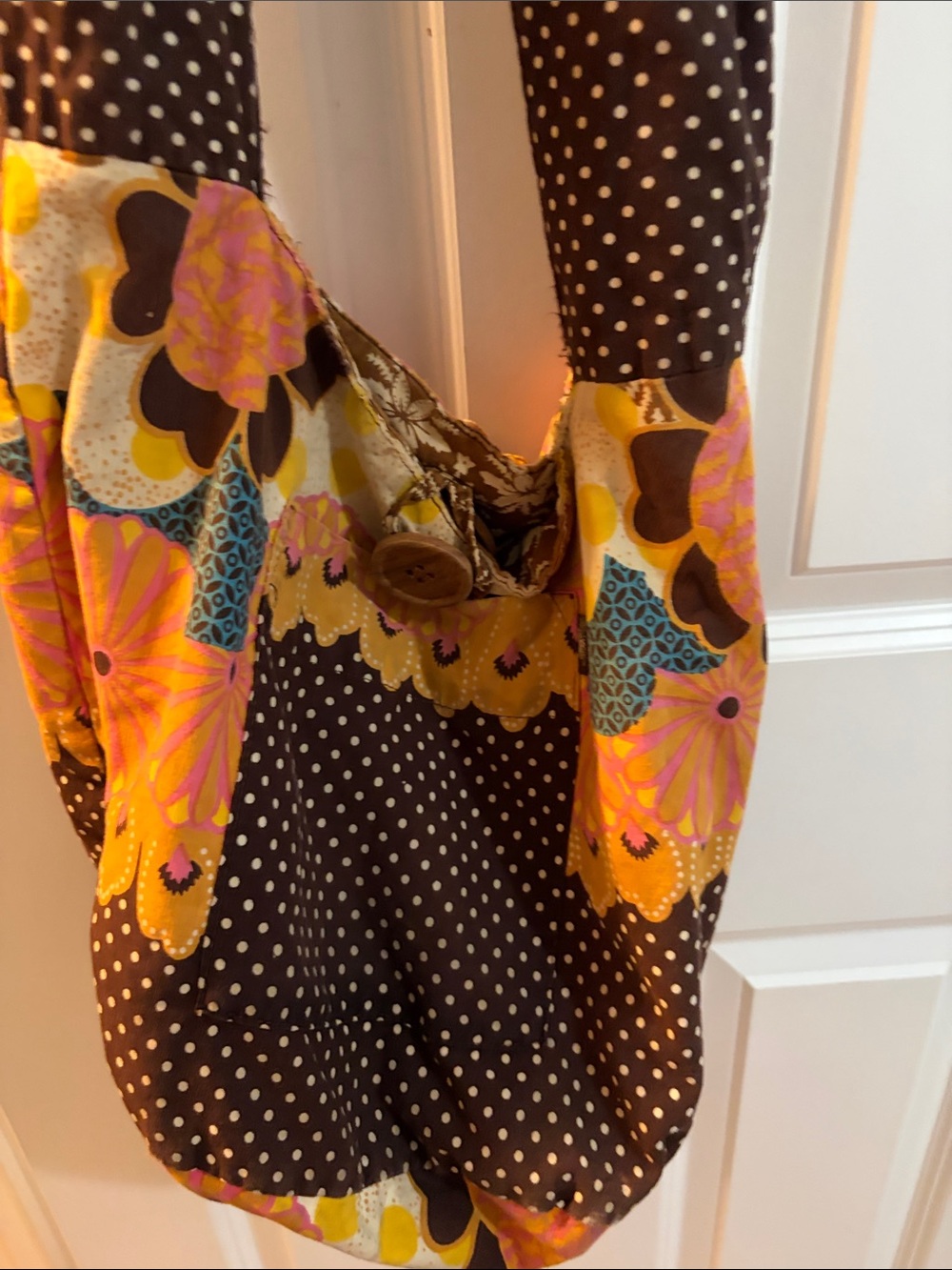 Prana Brown Polka Dot Hobo with Yellow and Pink Floral Panels